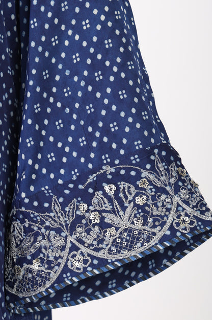 Navy Blue Block Printed Modal Satin Straight Kurta with Salwar and Dupatta Set