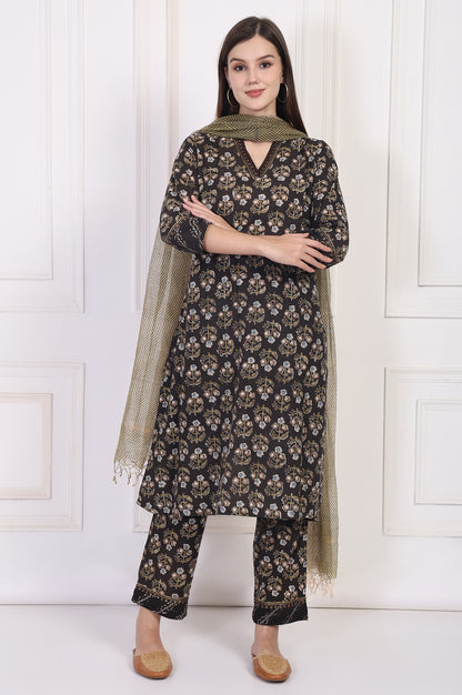 Black Floral Printed Embellished A-Line Cotton Kurta with Straight Pant and Dupatta Set