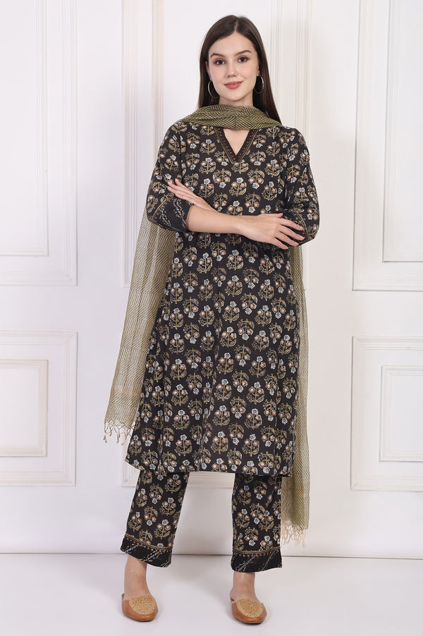Black Floral Printed Embellished A-Line Cotton Kurta with Straight Pant and Dupatta Set