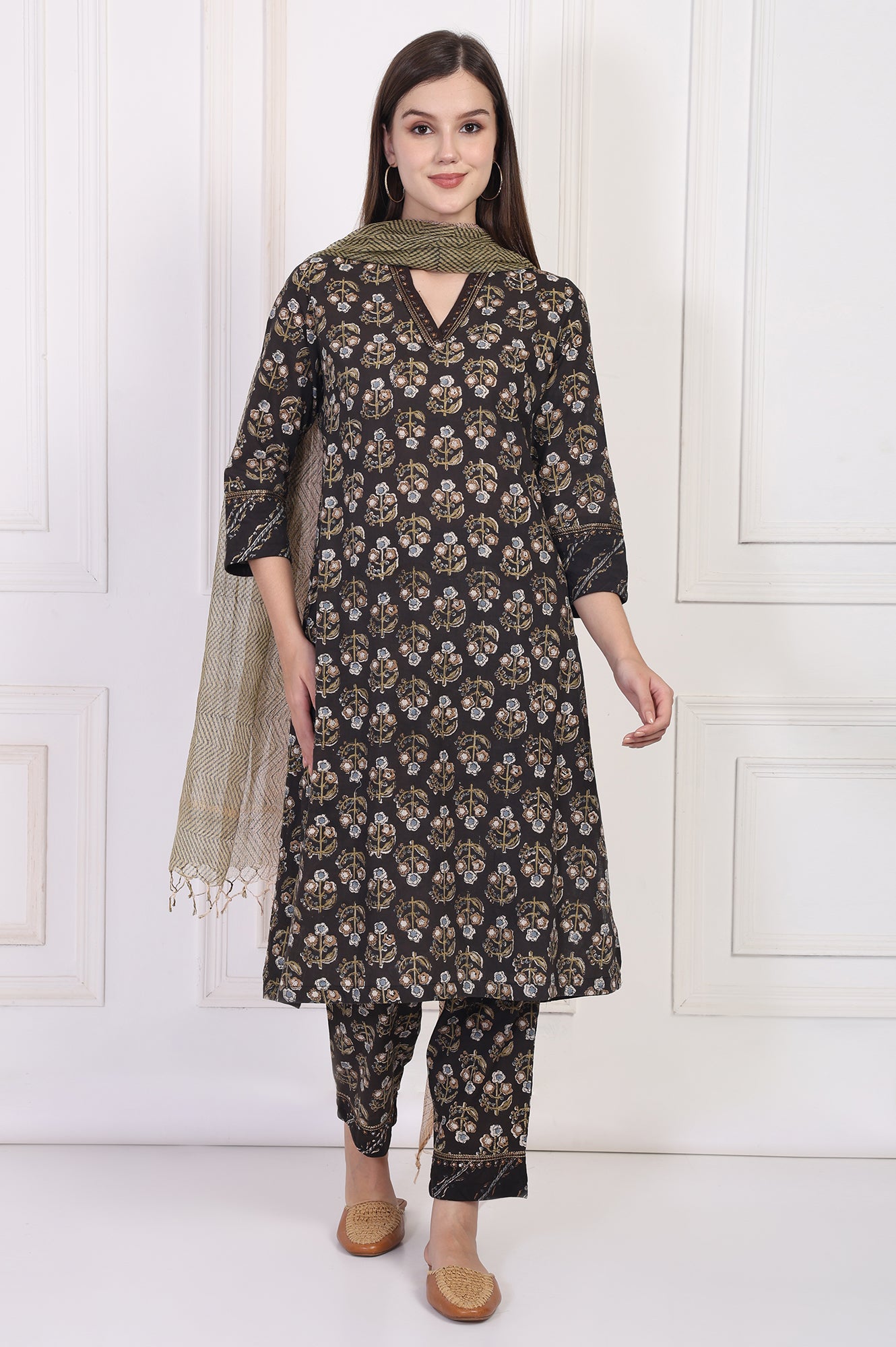 Black Floral Printed Embellished A-Line Cotton Kurta with Straight Pant and Dupatta Set