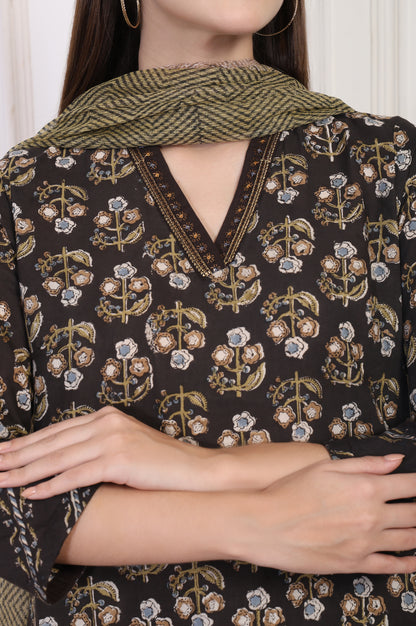 Black Floral Printed Embellished A-Line Cotton Kurta with Straight Pant and Dupatta Set