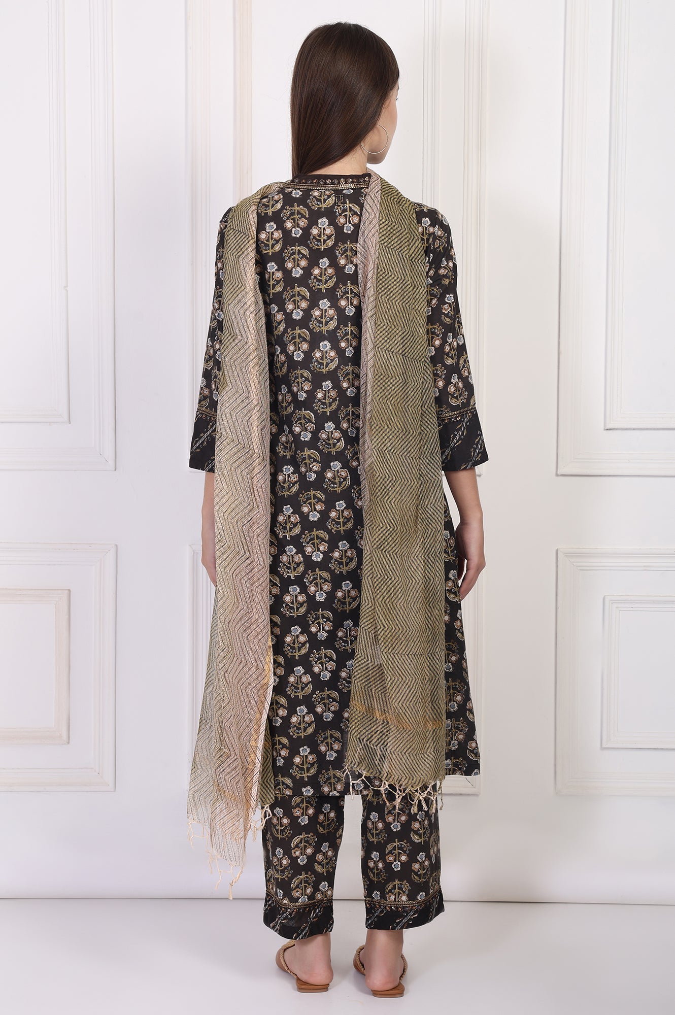 Black Floral Printed Embellished A-Line Cotton Kurta with Straight Pant and Dupatta Set