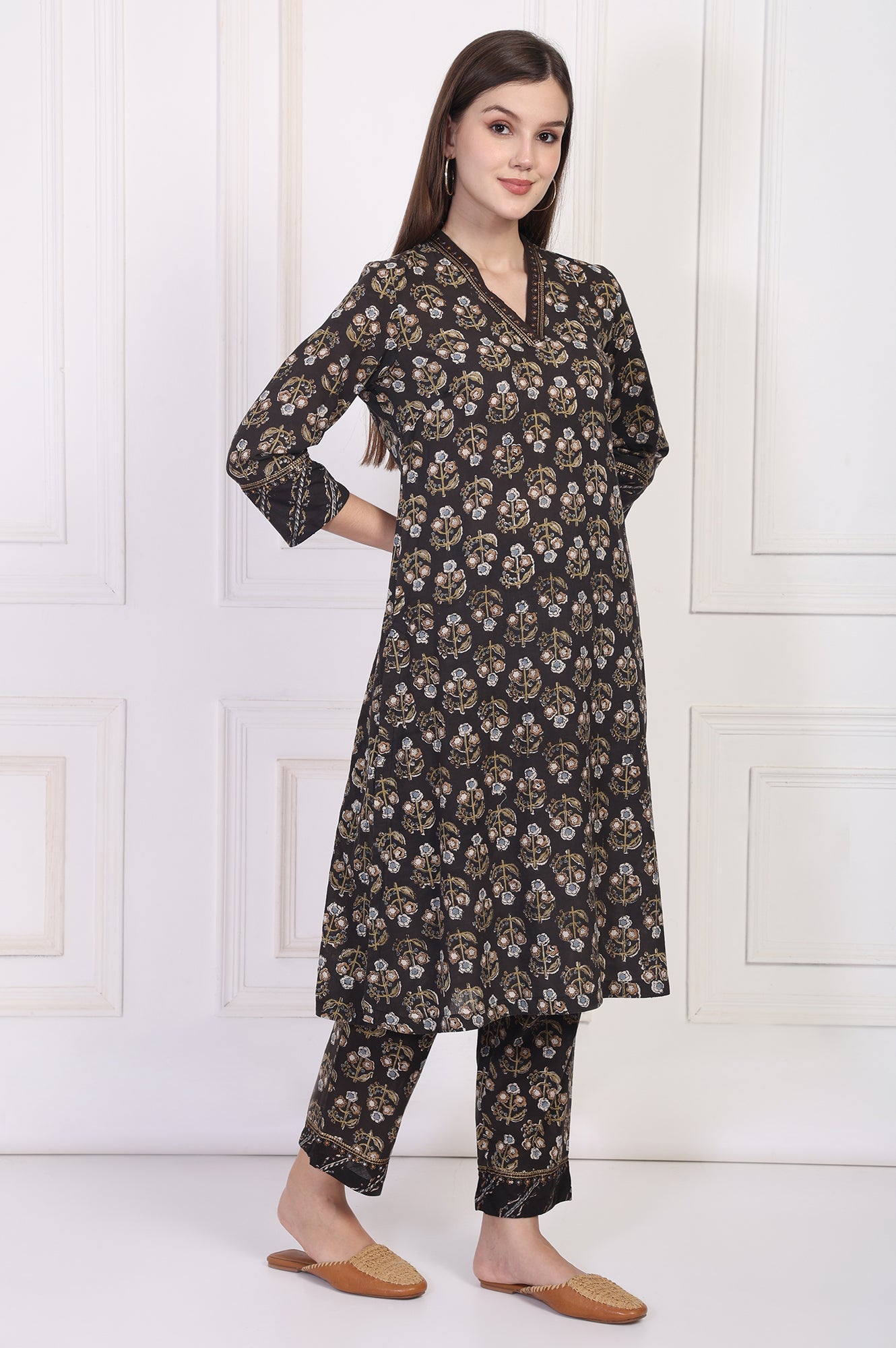 Black Floral Printed Embellished A-Line Cotton Kurta with Straight Pant and Dupatta Set
