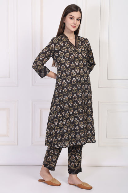 Black Floral Printed Embellished A-Line Cotton Kurta with Straight Pant and Dupatta Set