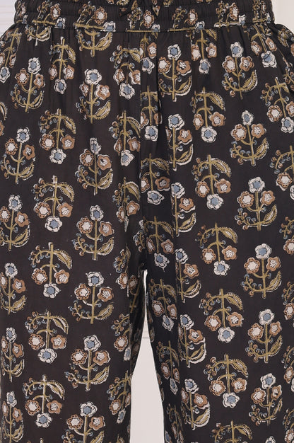 Black Floral Printed Embellished A-Line Cotton Kurta with Straight Pant and Dupatta Set