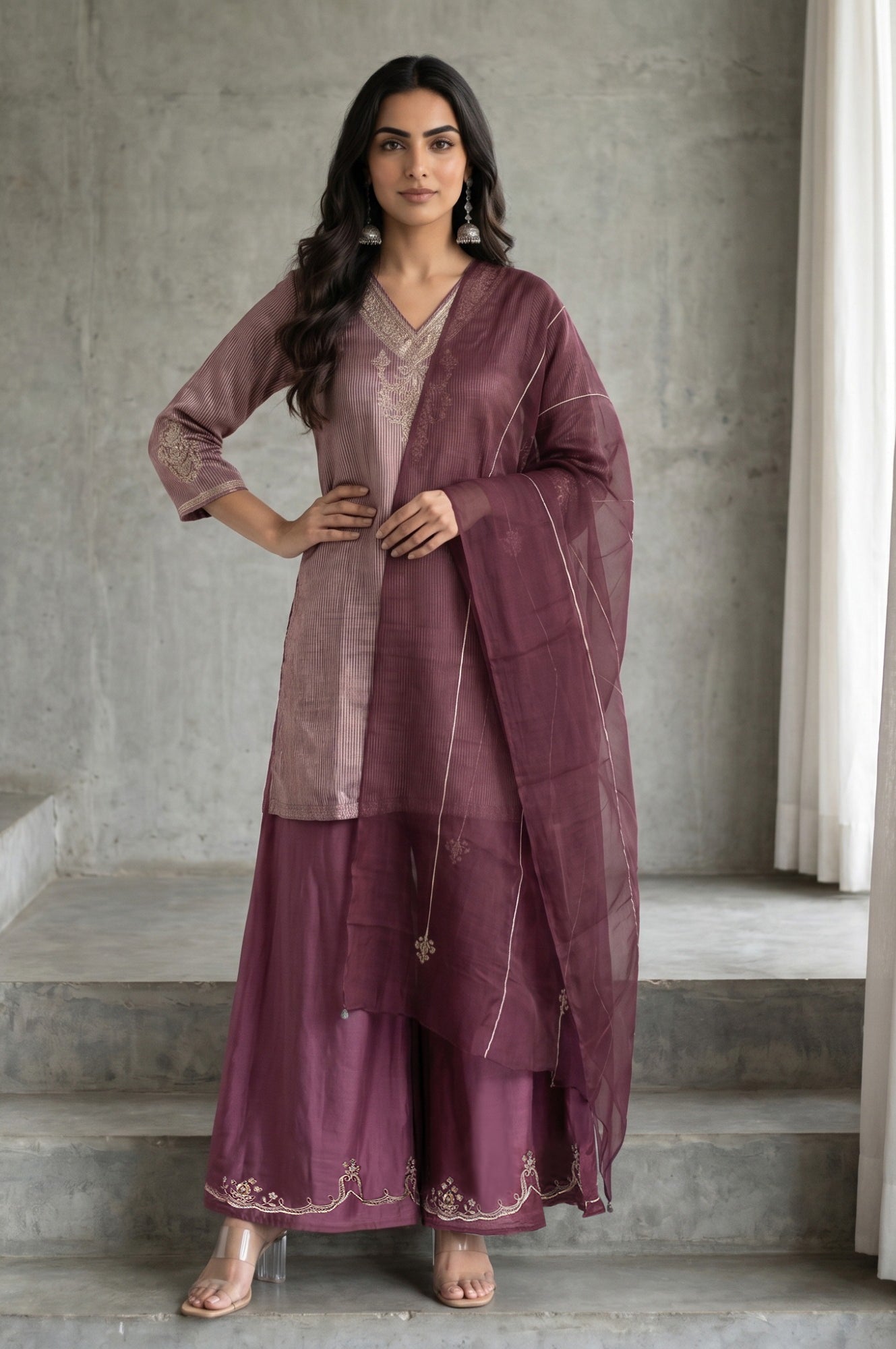 Purple Yarn Dyed Cotton Silk Zari Stripe Short Kurta sharara set for women