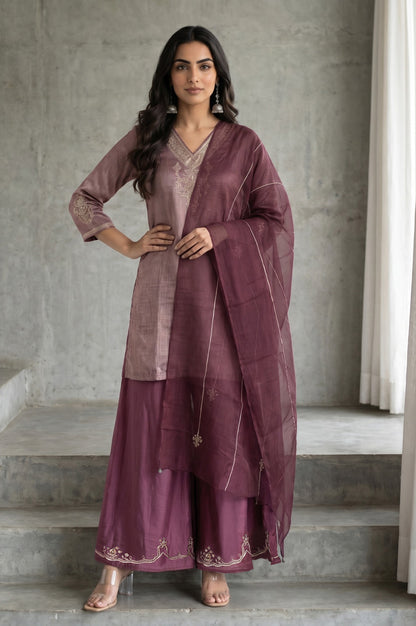 Purple Yarn Dyed Cotton Silk Zari Stripe Short Kurta with Sharara and Dupatta Set