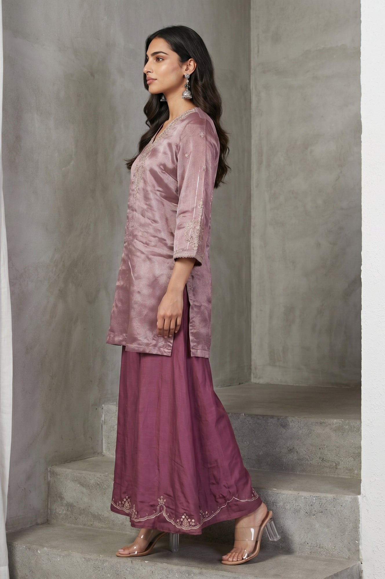 Purple Yarn Dyed Cotton Silk Zari Stripe Short Kurta sharara set for women