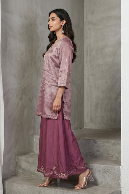 Purple Yarn Dyed Cotton Silk Zari Stripe Short Kurta with Sharara and Dupatta Set