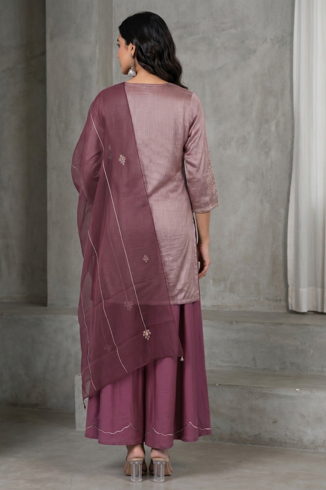 Purple Yarn Dyed Cotton Silk Zari Stripe Short Kurta with Sharara and Dupatta Set