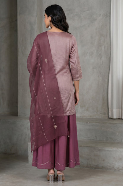 Purple Yarn Dyed Cotton Silk Zari Stripe Short Kurta with Sharara and Dupatta Set