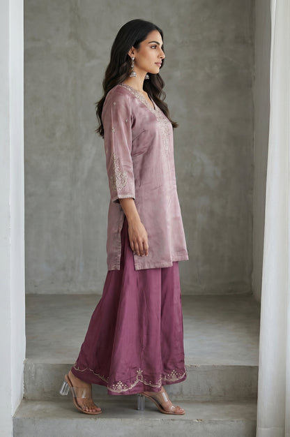 Purple Yarn Dyed Cotton Silk Zari Stripe Short Kurta with Sharara and Dupatta Set
