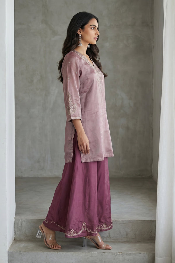 Purple Yarn Dyed Cotton Silk Zari Stripe Short Kurta sharara set for women