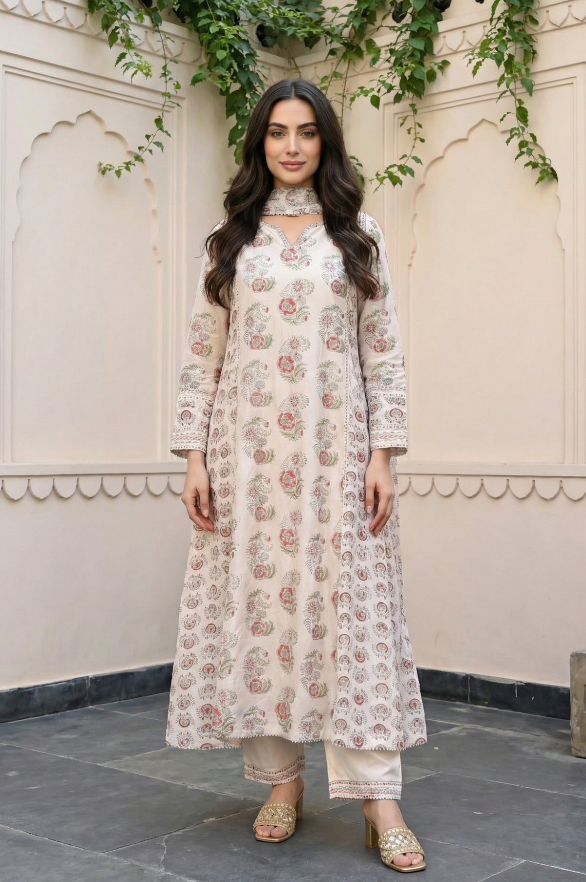 Off-White Floral Printed Silk Blend A-Line Kurta with Straight Pant and Dupatta Set - S