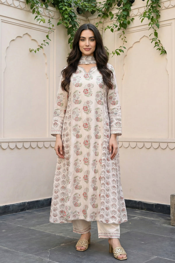 Off-White Floral Printed Silk Blend A-Line Kurta with Straight Pant and Dupatta Set