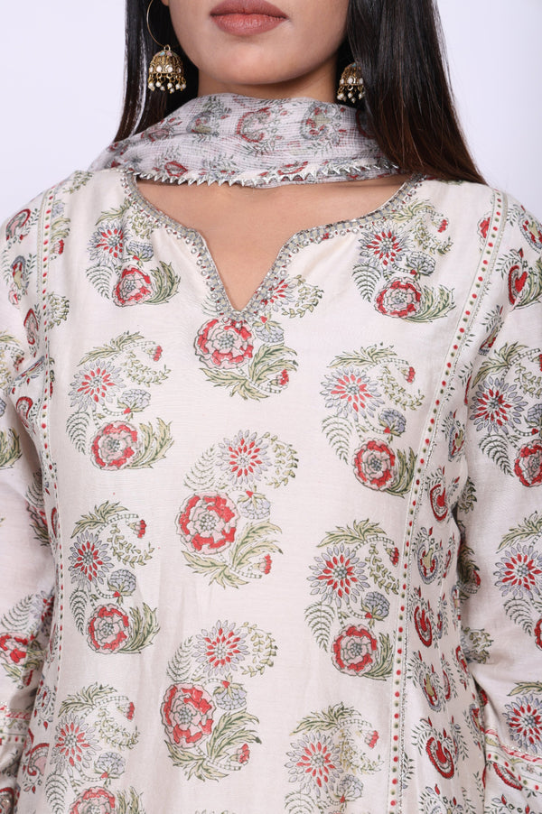 Off-White Floral Printed Silk Blend A-Line Kurta with Straight Pant and Dupatta Set