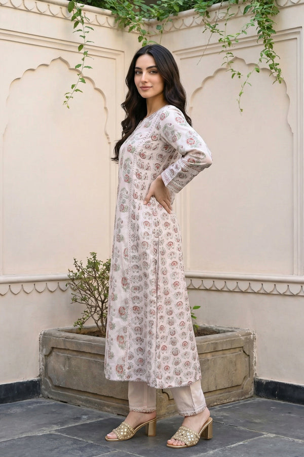Off-White Floral Printed Silk Blend A-Line Kurta with Straight Pant and Dupatta Set