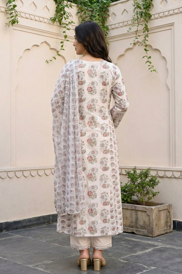 Off-White Floral Printed Silk Blend A-Line Kurta with Straight Pant and Dupatta Set