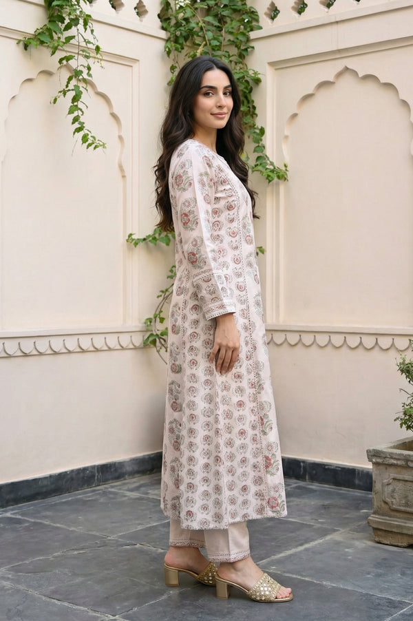 Off-White Floral Printed Silk Blend A-Line Kurta with Straight Pant and Dupatta Set