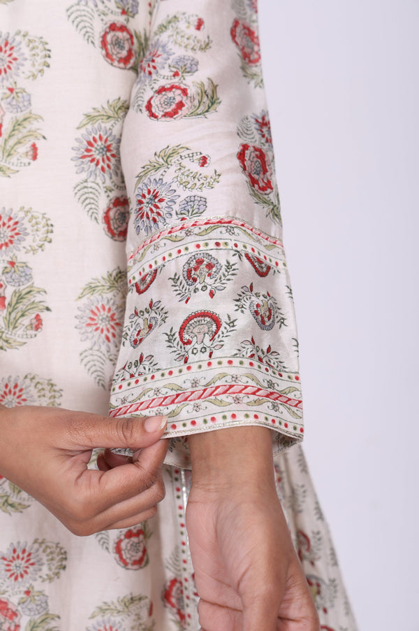 Off-White Floral Printed Silk Blend A-Line Kurta with Straight Pant and Dupatta Set