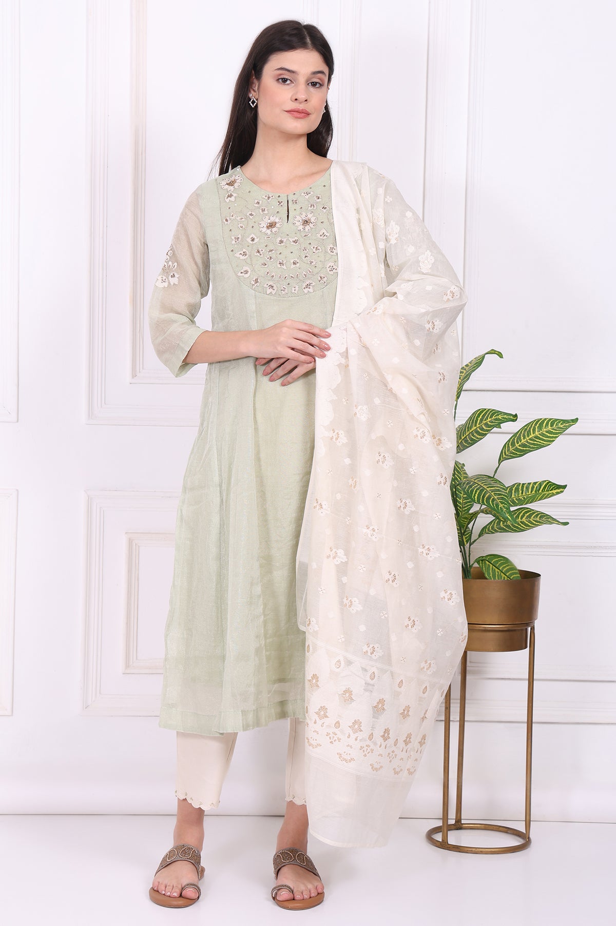 Light Green Embroidered Silk Blend Straight Kurta, Pants and Dupatta Set - M