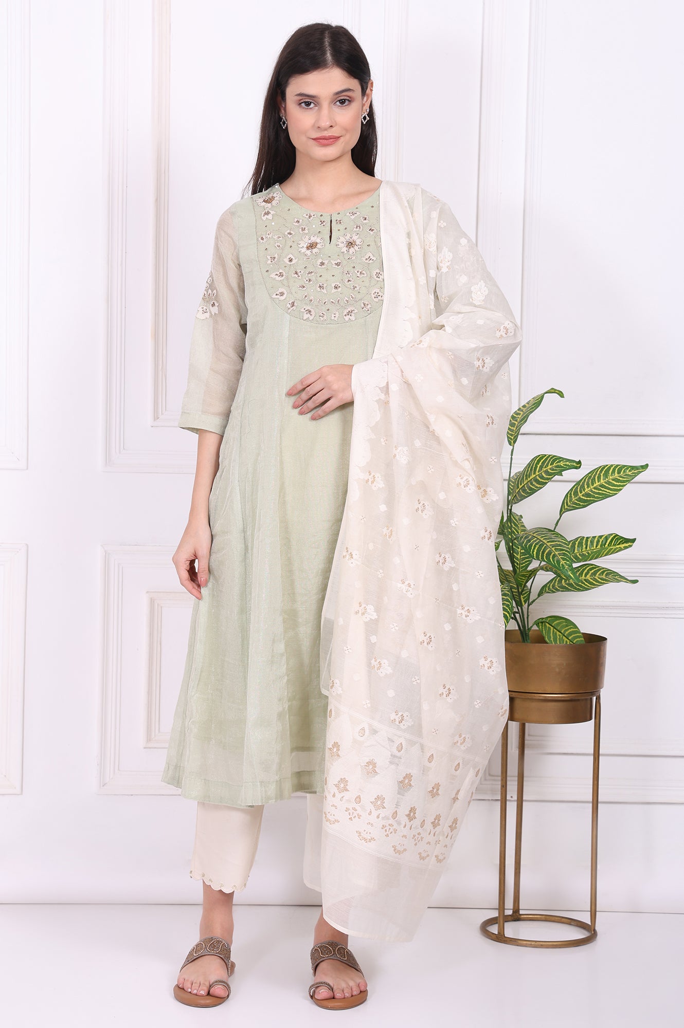 Light Green Embroidered Silk Blend Straight Kurta, Pants and Dupatta Set