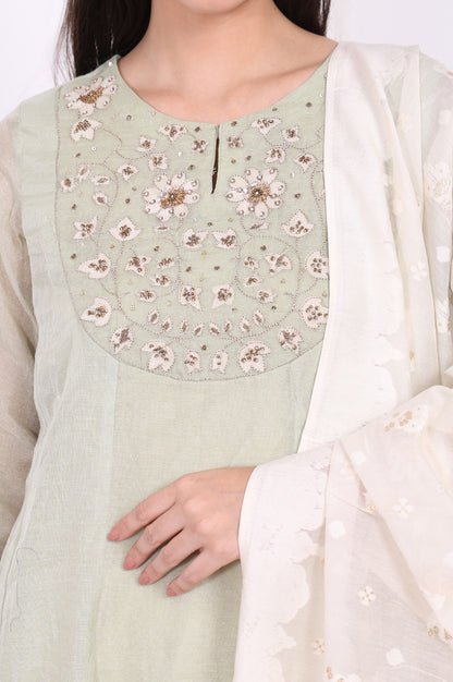 Light Green Embroidered Silk Blend Straight Kurta, Pants and Dupatta Set
