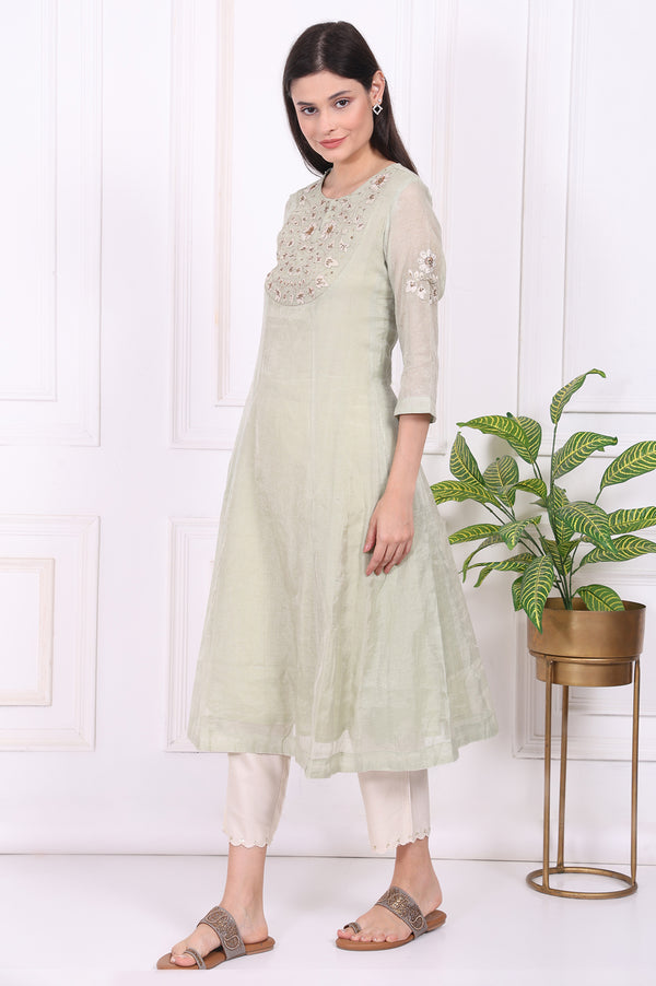Light Green Embroidered Silk Blend Straight Kurta, Pants and Dupatta Set
