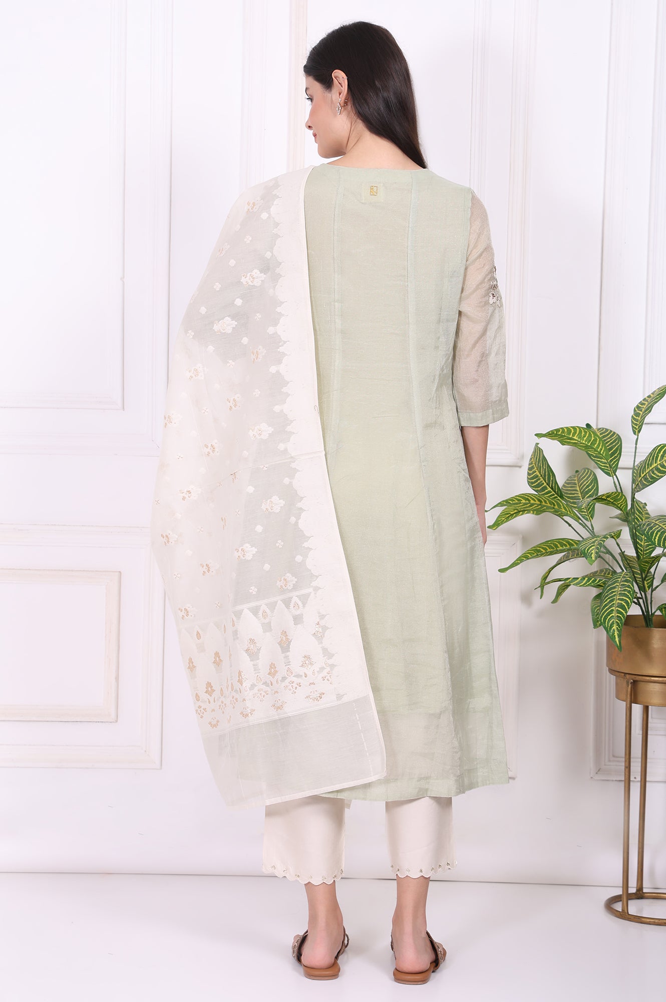 Light Green Embroidered Silk Blend Straight Kurta, Pants and Dupatta Set