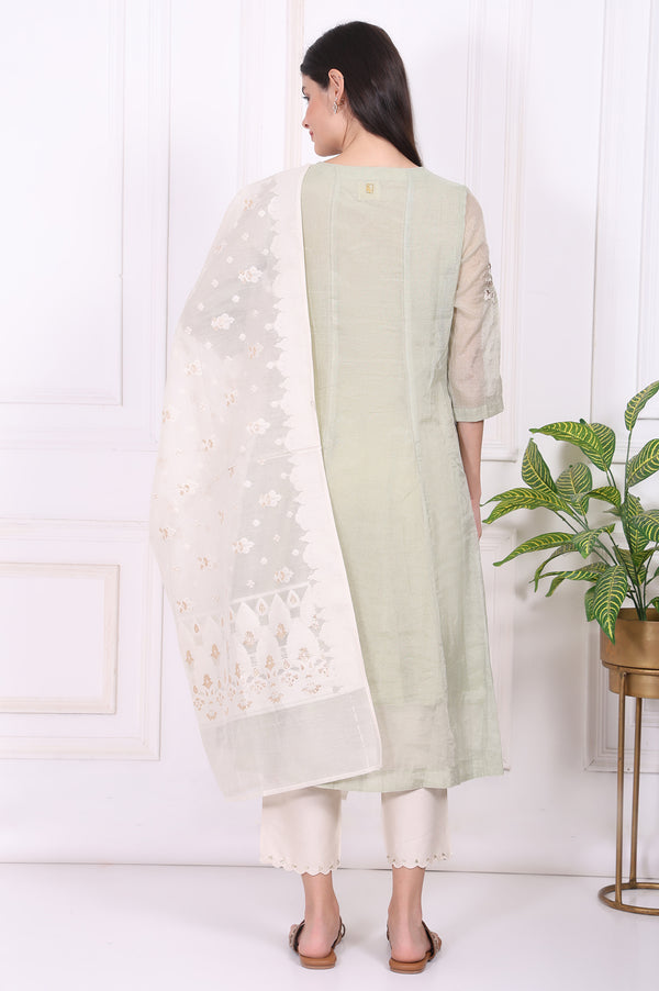 Light Green Embroidered Silk Blend Straight Kurta, Pants and Dupatta Set