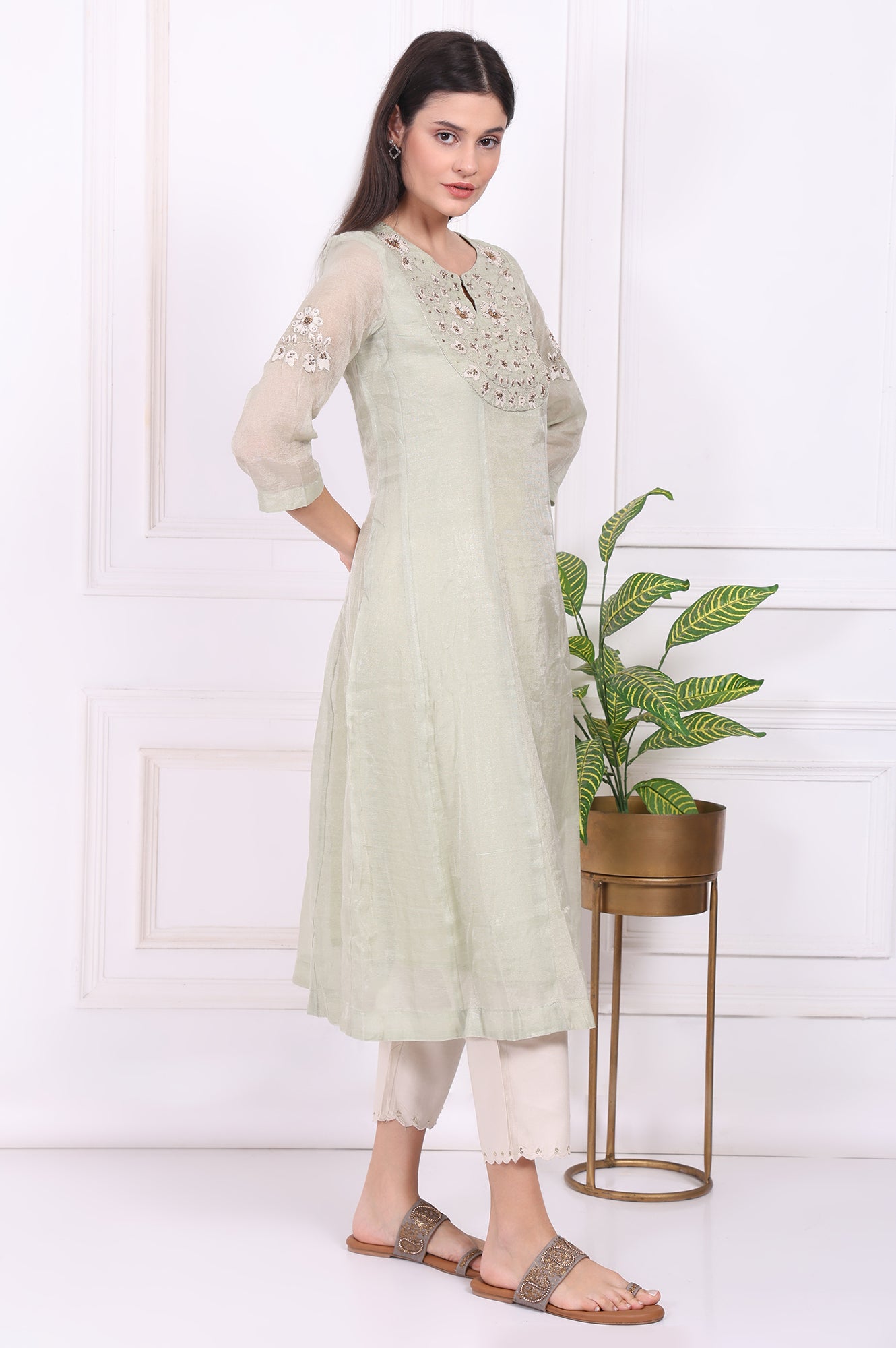Light Green Embroidered Silk Blend Straight Kurta, Pants and Dupatta Set