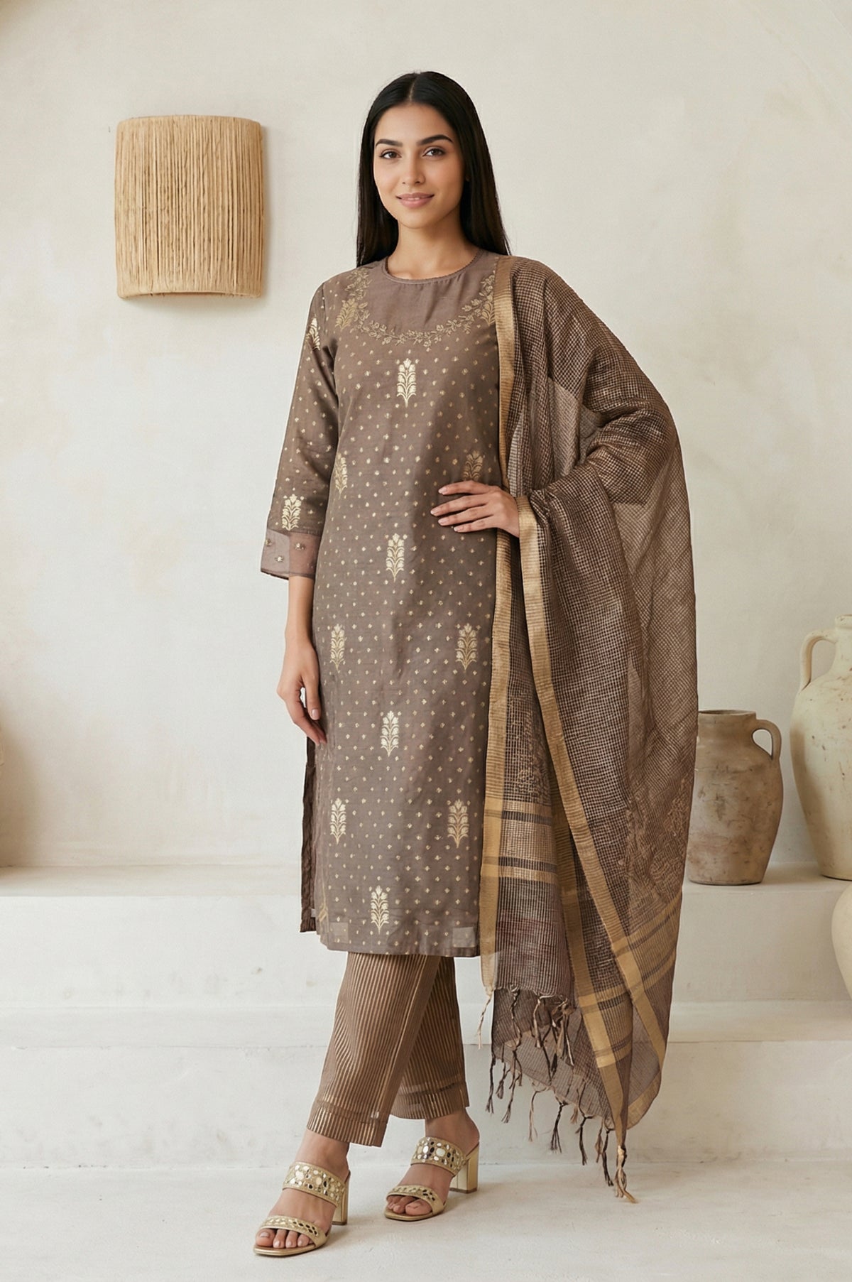 Brown Embroidered Jacquard Straight Kurta with Pants and Dupatta Set - S