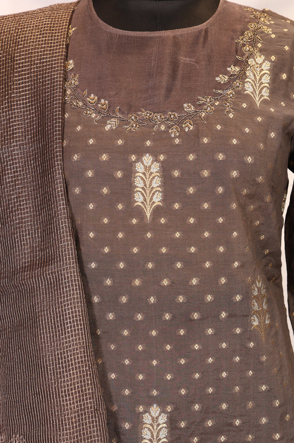 Brown Embroidered Jacquard Straight Kurta with Pants and Dupatta Set