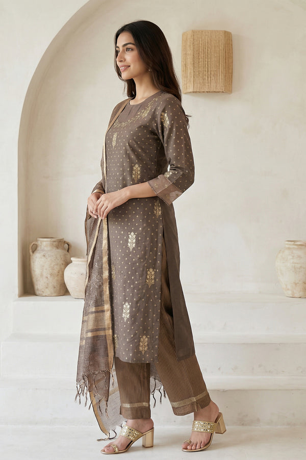 Brown Embroidered Jacquard Straight Kurta with Pants and Dupatta Set