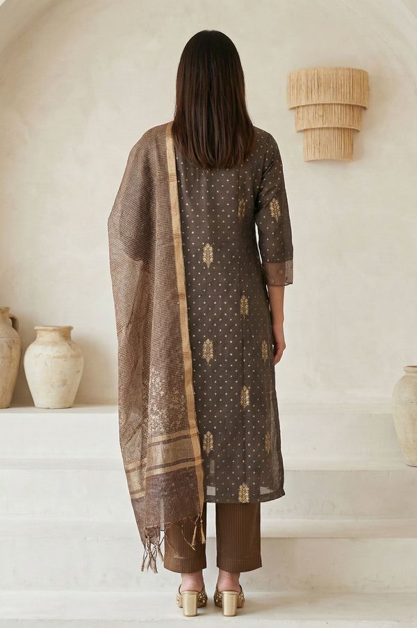 Brown Embroidered Jacquard Straight Kurta with Pants and Dupatta Set