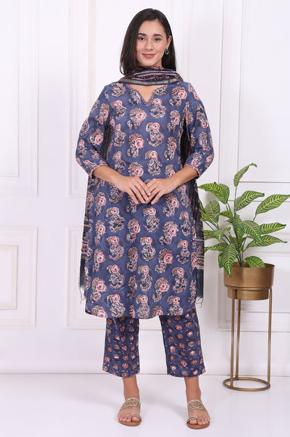 Blue Floral Printed Pure Cotton Straight Kurta, Pants and Dupatta Set