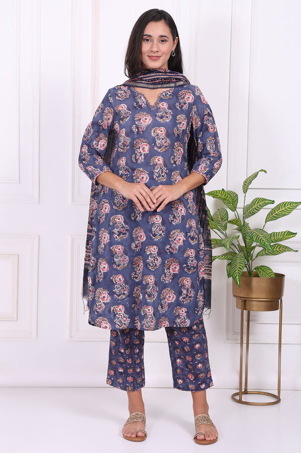 Blue Floral Printed Pure Cotton Straight Kurta, Pants and Dupatta Set
