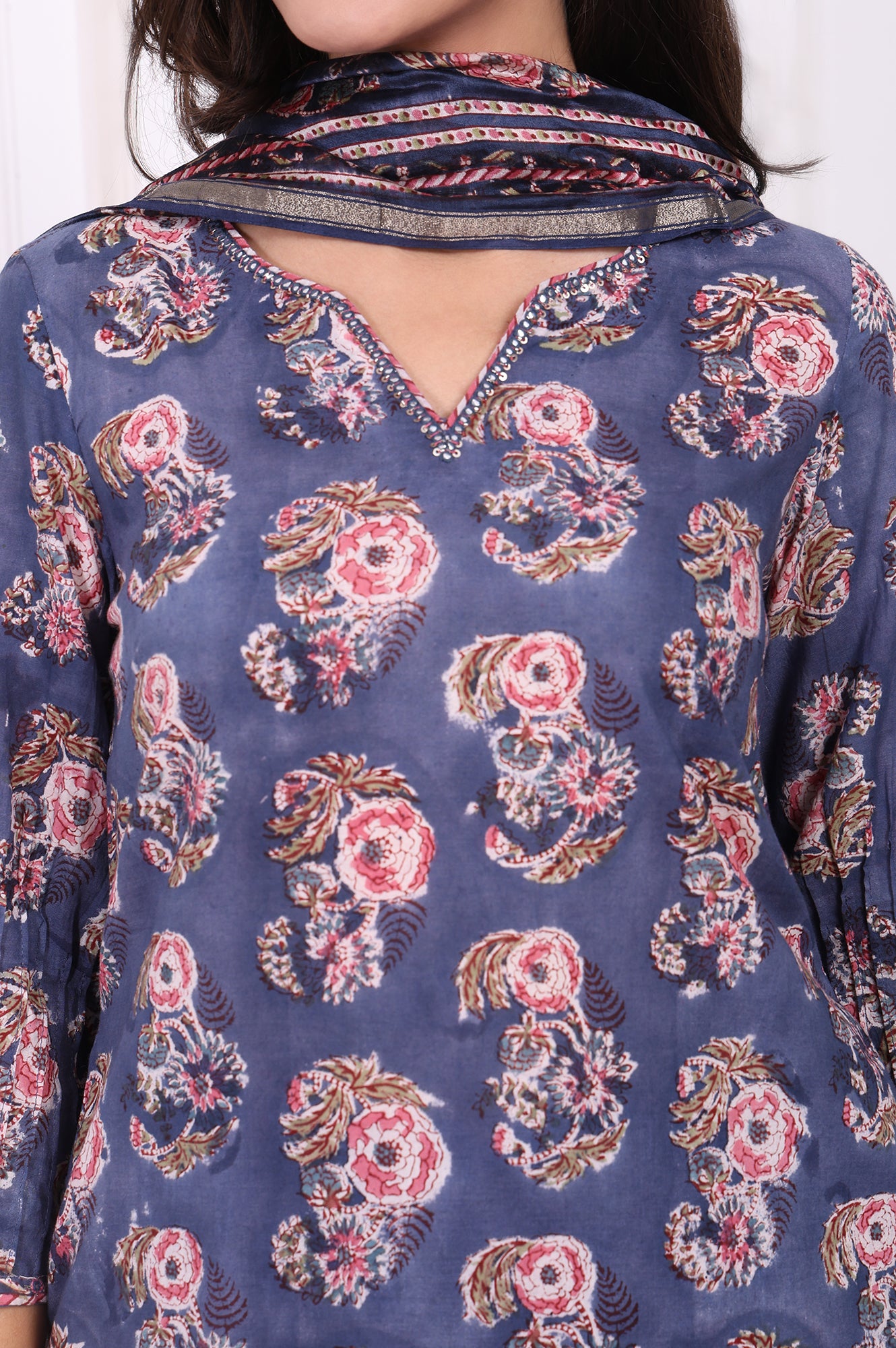 Blue Floral Printed Pure Cotton Straight Kurta, Pants and Dupatta Set