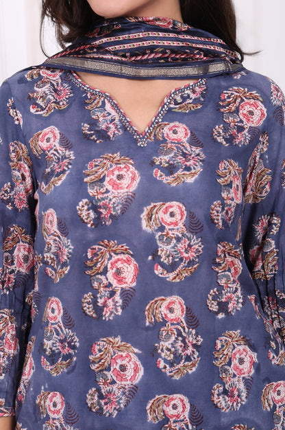 Blue Floral Printed Pure Cotton Straight Kurta, Pants and Dupatta Set