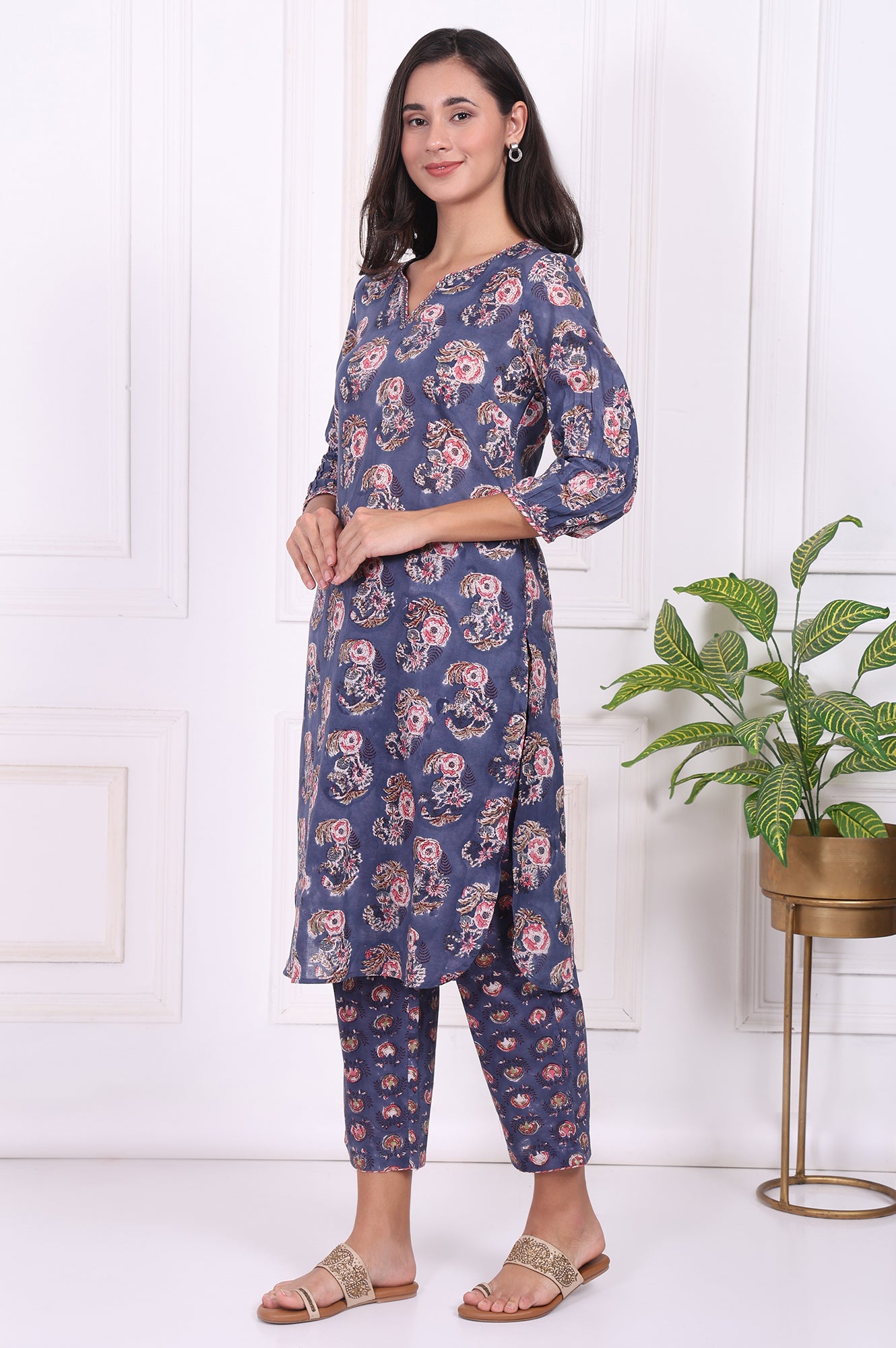 Blue Floral Printed Pure Cotton Straight Kurta, Pants and Dupatta Set