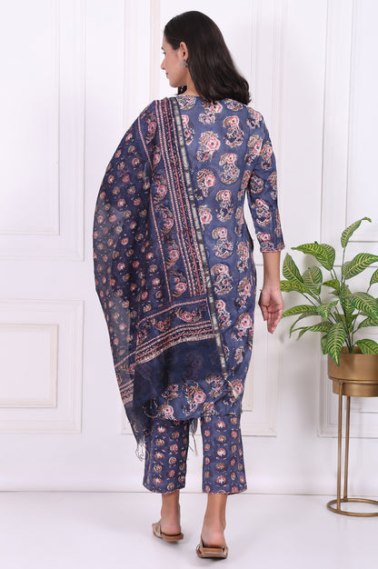 Blue Floral Printed Pure Cotton Straight Kurta, Pants and Dupatta Set