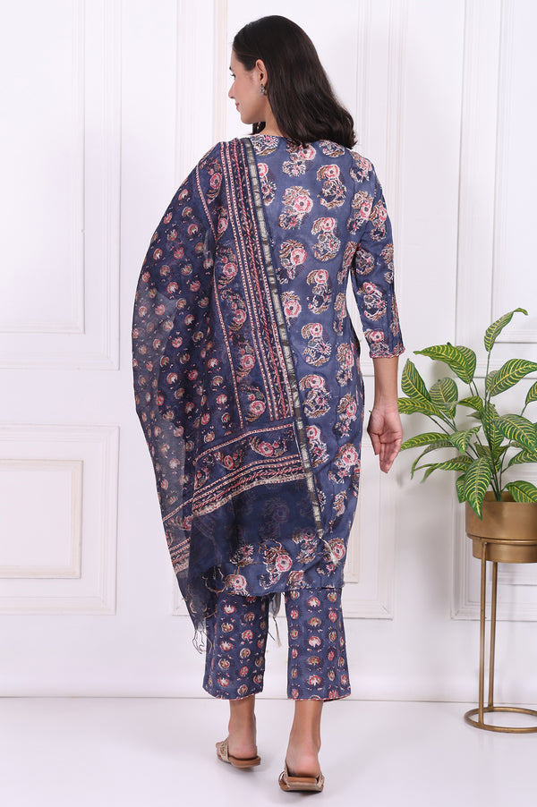 Blue Floral Printed Pure Cotton Straight Kurta, Pants and Dupatta Set