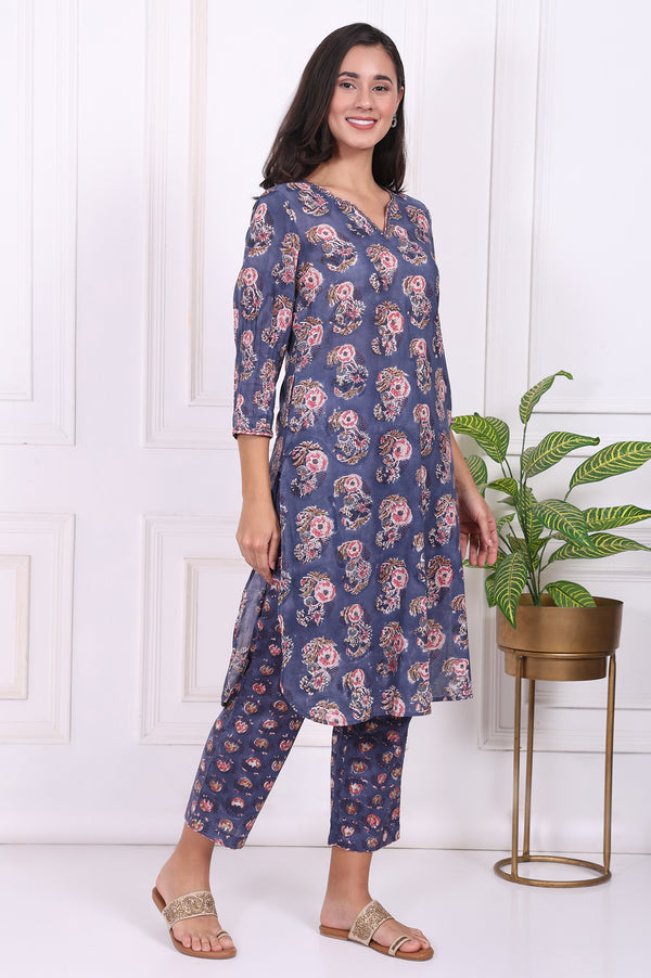 Blue Floral Printed Pure Cotton Straight Kurta, Pants and Dupatta Set