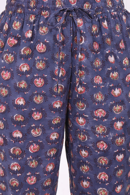 Blue Floral Printed Pure Cotton Straight Kurta, Pants and Dupatta Set