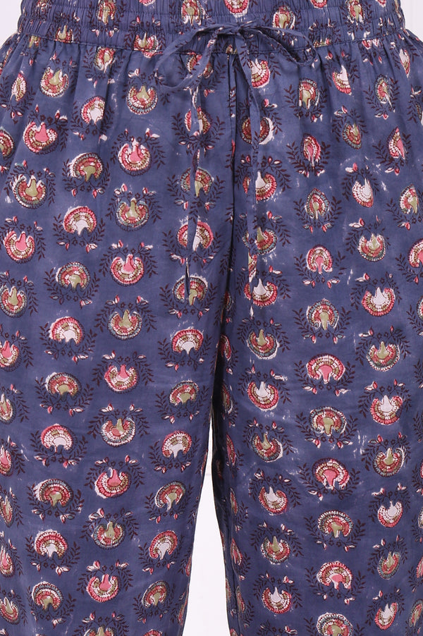 Blue Floral Printed Pure Cotton Straight Kurta, Pants and Dupatta Set