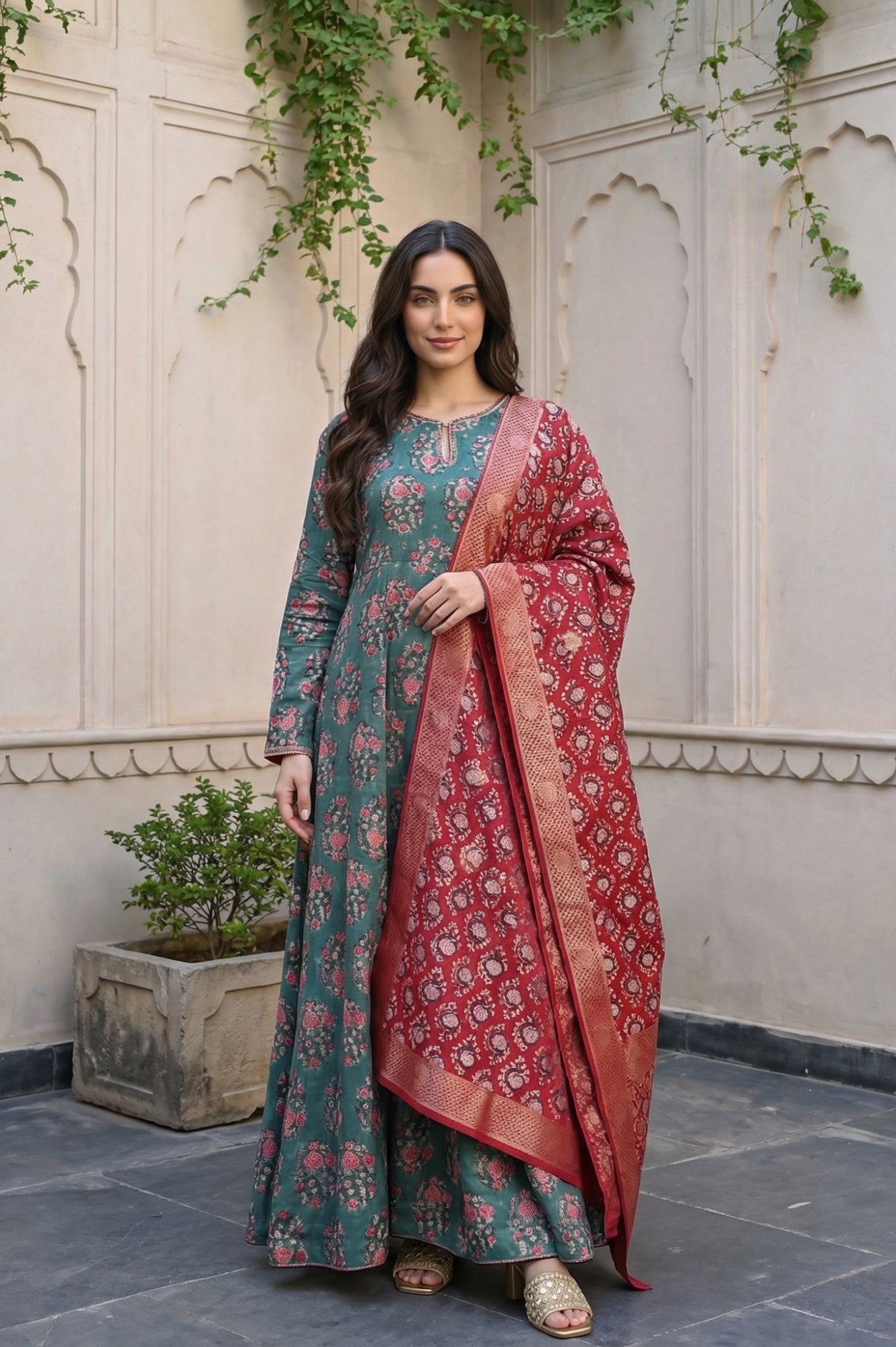 Green Floral Printed Satin Anarkali Kurta with Straight Pant and Dupatta Set