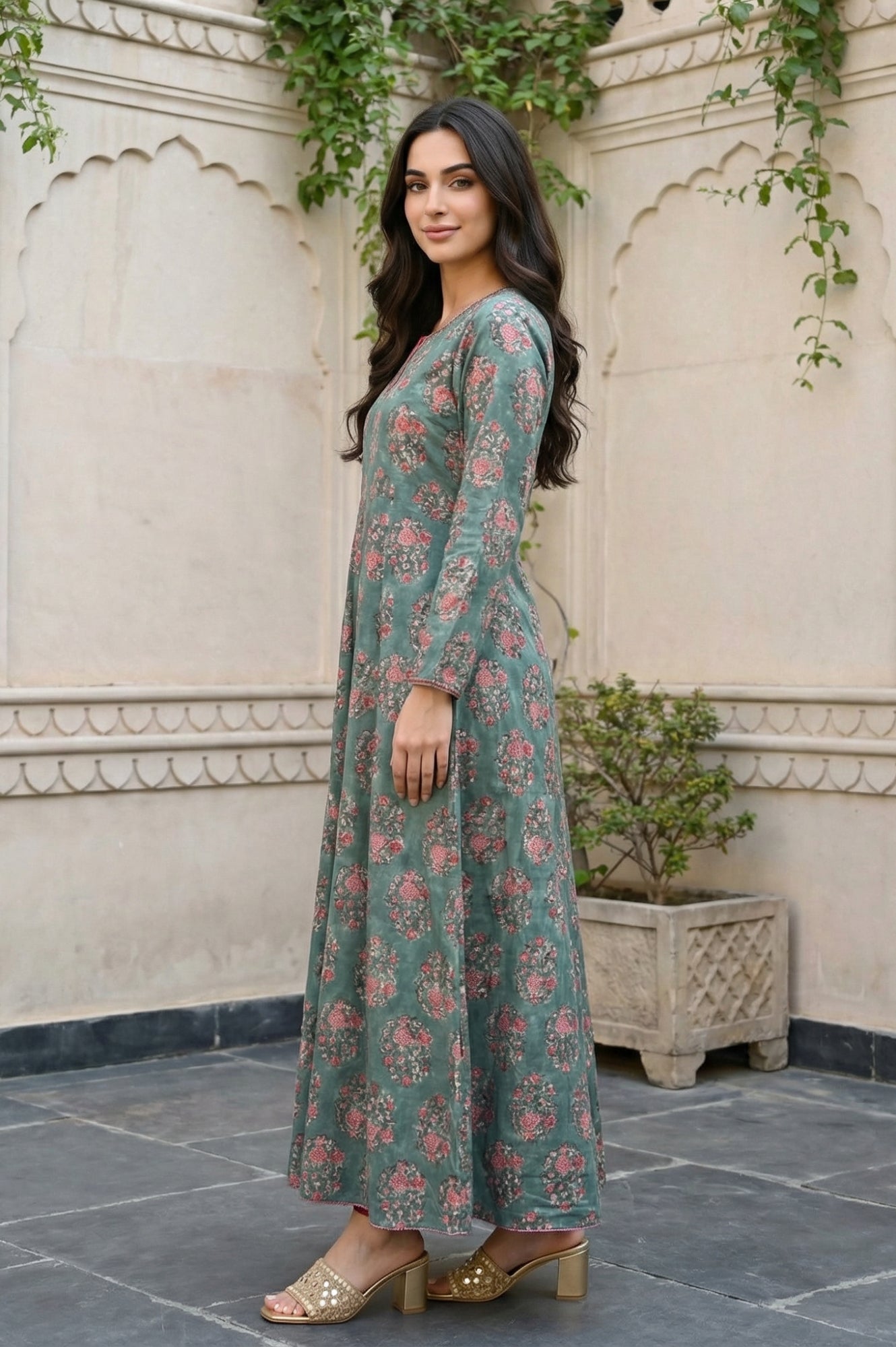 Green Floral Printed Satin Anarkali Kurta with Straight Pant and Dupatta Set