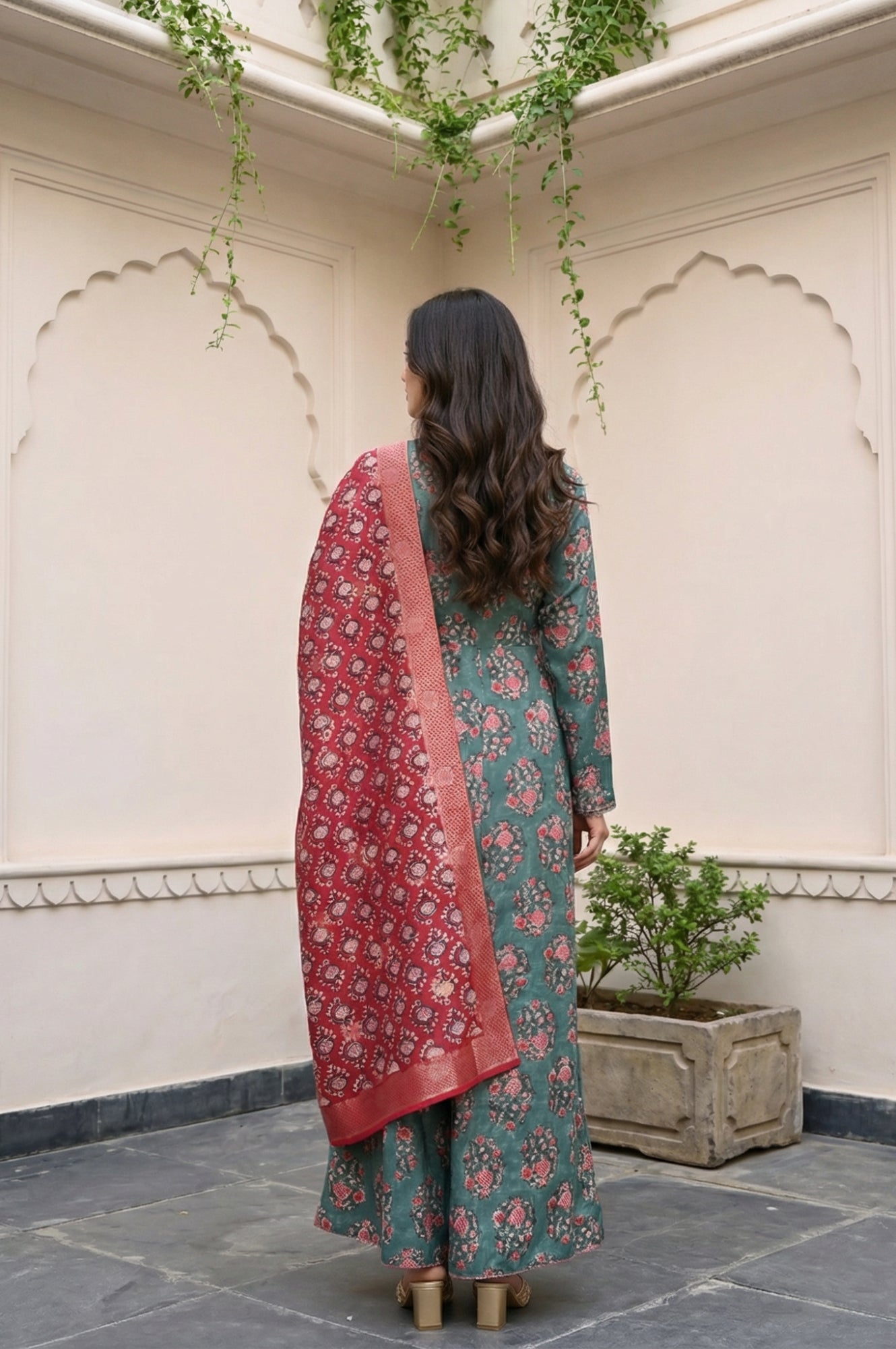 Green Floral Printed Satin Anarkali Kurta with Straight Pant and Dupatta Set