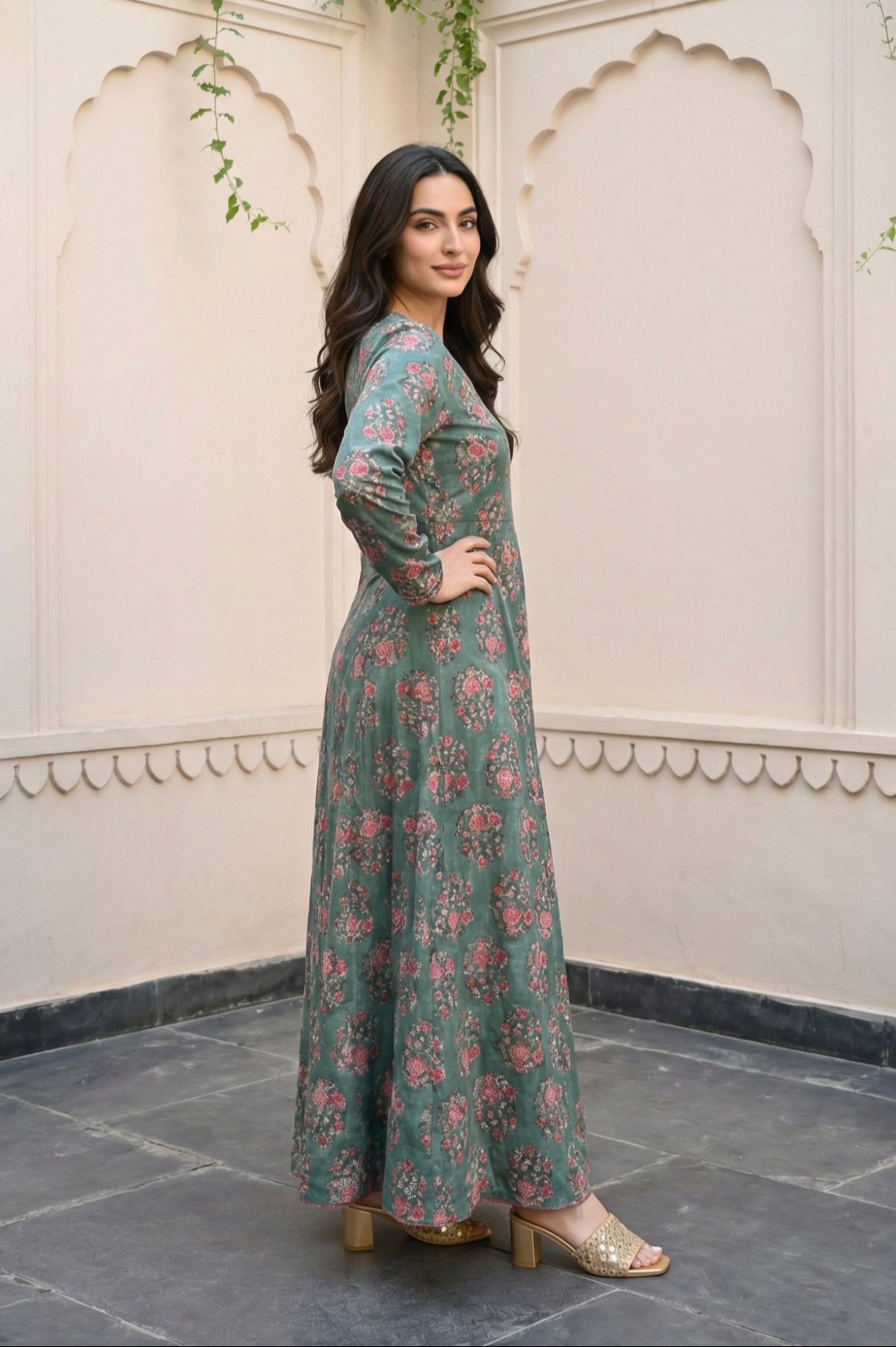 Green Floral Printed Satin Anarkali Kurta with Straight Pant and Dupatta Set