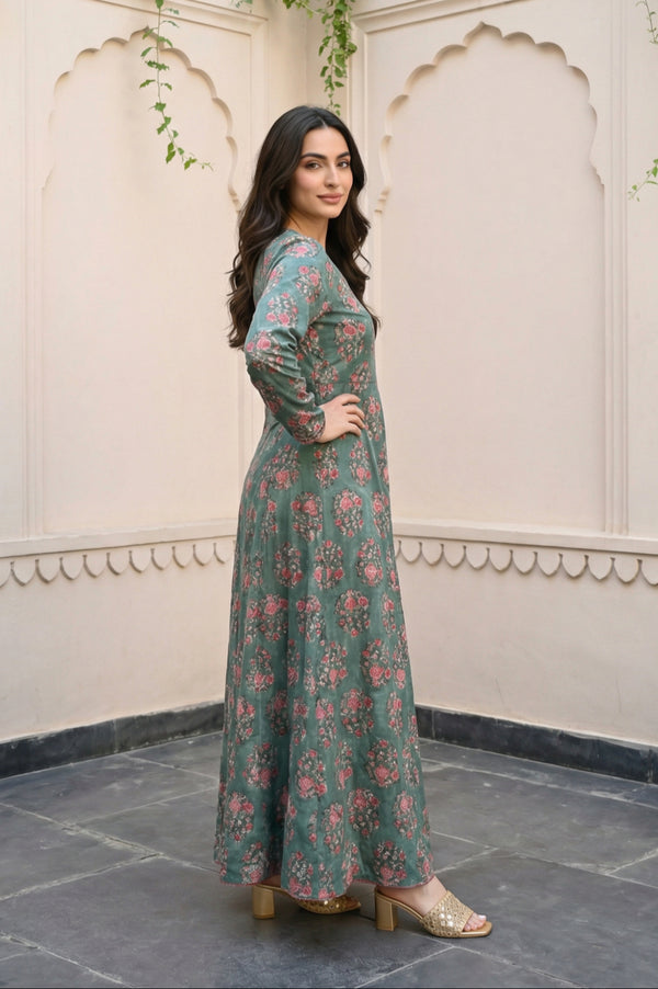 Green Floral Printed Satin Anarkali Kurta with Straight Pant and Dupatta Set